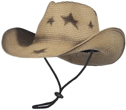 GEMVIE Straw Cowboy Hats for Women Mens Summer Straw Hat Stars Pattern Shapeable Brim Cowgirl Hat for Outdoor with Chin Strap
