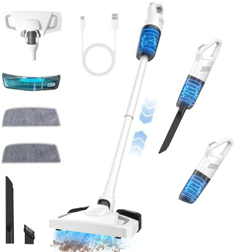 Anluomafuy Aspirapolvere Senza Fili, 2 in 1 Aspirapolvere Leggero in Piedi da Solo,Scopa Elettrica Potente,Grande Capacità,Pulizia per Pavimenti Asciutti o Bagnati/Tappeti/Capelli/Animalili (bianco)