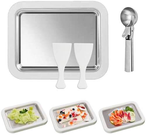 XSQD Small Homemade Ice Cream Maker, DIY Roll Ice-Cream Sorbet, Stainless Steel Frozen Yogurt Pan, Rolled Ice Cream Maker, Home Dessert Making Tools (with 2 Spatulas and 1 Ice-cream Scoop)