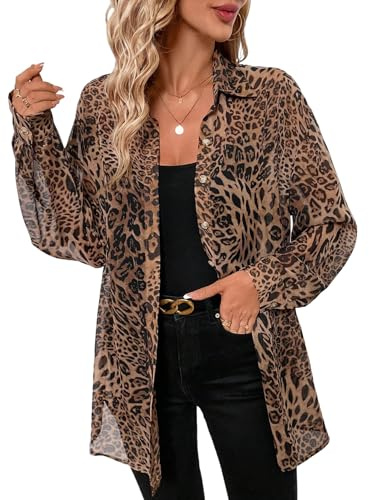 GORGLITTER Damblus leopardmönster blusskjorta långärmad damblusar chiffongblusar med knappar fram oversize skjortblusar lösa skjortblusar, Lejon, XL