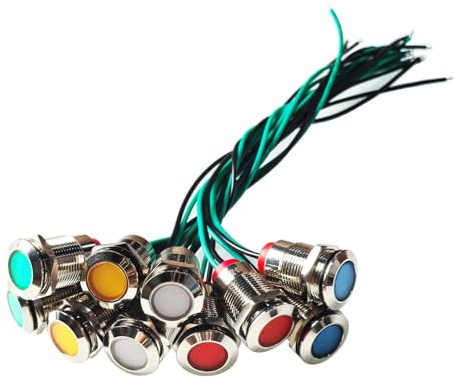 GTIWUNG 10PCS 220V 12mm 1/2 LED Indicator Light Waterproof Signal Lamp with 15cm Wire for Car Truck Boat (Red/Yellow/Blue/Green/White)