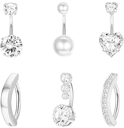 LOCCY 6 Pièces 14G Piercing Nombril Acier Inoxydable, Argent Or Piercing Nombril Clicker Piercings Anneaux de Nombrils Coeur CZ Nombrils Navel Piercings Bijoux pour Femmes (Argent)