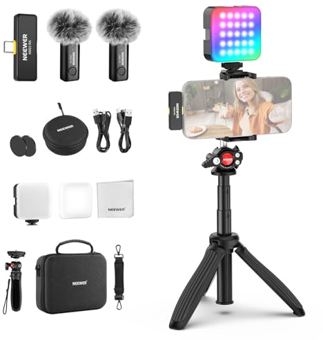 NEEWER PA048 Vlogging Set kompatibel mit iPhone Android Podcast YouTube mit RGB LED Licht/KM23 Drahtloses Mikrofon System/Selfie Stick Telefon Stativ/Reinigungstuch, Inhaltsersteller Wesentliche