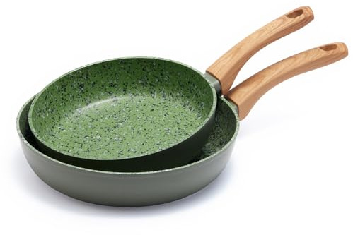 Jovire Lightweight Nonstick Fry Pan with Wood Handle - Ceramic Aluminum Skillet for All Stovetops, PTFE PFOA Free (Green, 24cm+28cm)