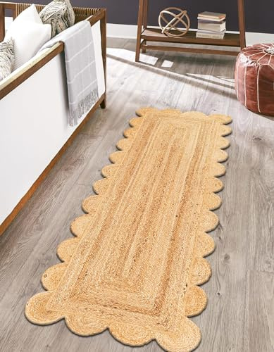 Mrida Weave Indian Handmade Hand Crafted Natural Jute Scalloped Design Area Rug- Outdoor Carpet- -Farmhouse RugSize - 2 x 5 Feet (60 cm x 150 cm)