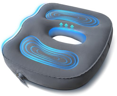 KEEPAA Ortopedisk sittdyna uppblåsbar för kontor – anti-hemorrojder svanskoskudde, ergonomisk sitthöjd, sittdyna för långa sittplatser på stolar (grå)