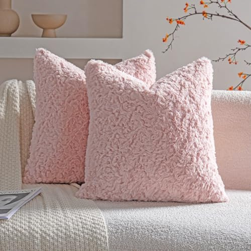 Neelvin 2er Set Kissenbezug Kunstpelz Pelz Plüsch Dekorative Kissenbezüge Sofakissen Kuschelig weich Couchkissen Dekokissen für Couch Sofa Wohnzimmer Schlafzimmer Rosa 40 x40 cm