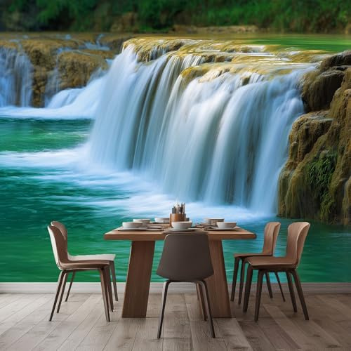Verde Fondo de Pantalla PanoráMica 3d, Realista Cascada Naturaleza Fotomurales Mural 300 x 210 cm (An x Al) – Decoración de Pared Para Sala Cuarto Oficina y Salón