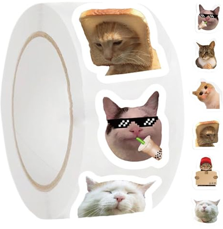 Funny Meme Sticker，500 Pieces Cat Meme Stickers Roll，Funny Waterproof Cat Stickers，for Teenagers, Boys, Girls, Family, Friends, Halloween, Christmas, Laptops, Water Bottles, Etc.