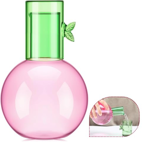 Leinuosen 4.2 x 2.7 Inch Cute Glass Carafe Bedside Water Pitcher and Glass Cup Set 9.9 oz Compact Cherry Kettle for Bathroom Bedroom Bar Kitchen