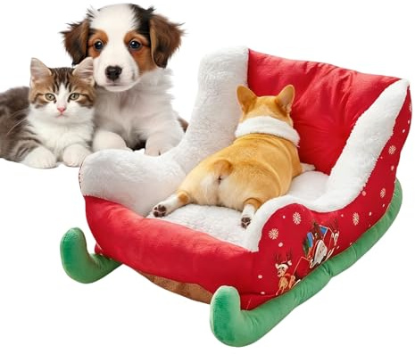 Weihnachts-Hundebett – 33 cm, bequemes Kätzchen-Nest, Schlitten-Design, Haustierbett mit weichem Plüschkissen | Warmes Winterschlafhaus für Katzen und kleine Hunde zur Verwendung im Innen- oder Wohnzi