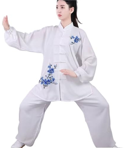 LVCHAO Ropa de Tai Chi de lino y algodón con bordado de flores, traje de artes marciales de Kung Fu, chaqueta deportiva, conjuntos de pantalones Para hombres y mujeres(WHITE,XS(old))