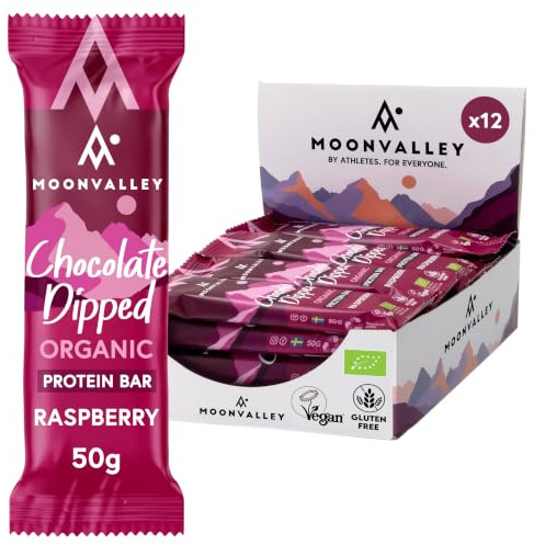 MOONVALLEY Barrette Protein Lampone Vegan Bio 12x50g | Copertura cioccolato fondente, vegan, senza glutine, snack proteico, biologico, 12 barrette