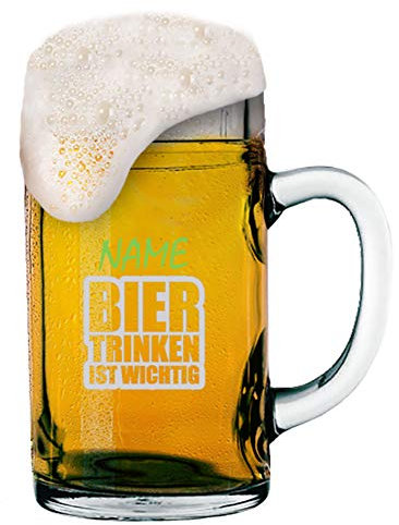MeinGlas Chope de mesure 1 l avec gravure personnalisée [Nom] et [Motif – Boire de la bière est important ]