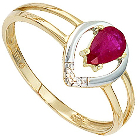 Jobo Damen-Ring aus 14 Karat 585 Gold Bicolor mit Rubin Tropfen und 3 Diamanten