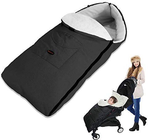 ZONSUSE Kinderwagen Winterfusssack, Plüsch Fußsack, Schlafsack für Babydecke Kinderwagen waschbar verschließbarer Kopfteil,Tasche, passend für alle Kinderwagen (Schwarz)