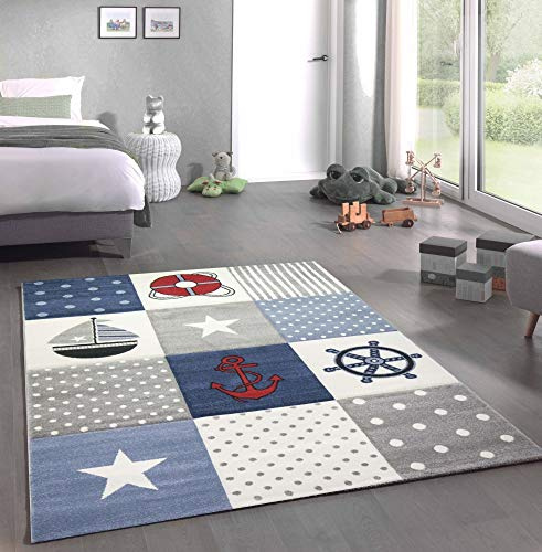 CARPETIA Kinderteppich Kinderzimmerteppich Kinderzimmer Jungen Maritim Meer kariert blau Größe 120x170 cm