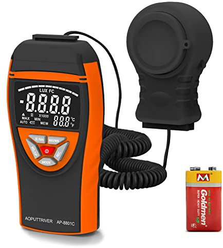 AP-8801C Digital Lux Meter 0.1~400,000Lux Beleuchtungsmessgerät Lux Messgerät Beleuchtungsstärke Lichtmesser mit Ausziehbarem Lichtdetektor bis zu 2 Metern, Daten Halten, Lux/FC-Auswahl - Orange