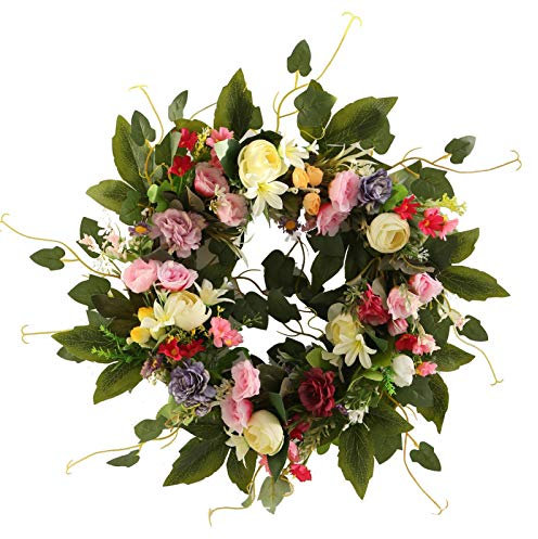 Artificial Camellia Wreath with Green Leaves,Four Seasons Front Door Wreath Brightens for Indoor Outdoor,Flowers Floral Door Wreath for Wedding Birthday Living Room Decor