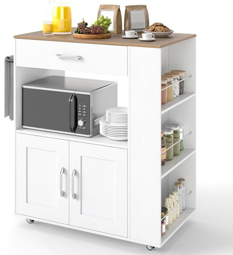 TANGZON Kitchen Storage Trolley on Wheels, Kitchen Island with Large Cabinet, Drawer, Open Shelf, 3 Spice Racks & Towel Rack, Wooden Countertop Utility Serving Cart (No Power Outlet, White+Natural)