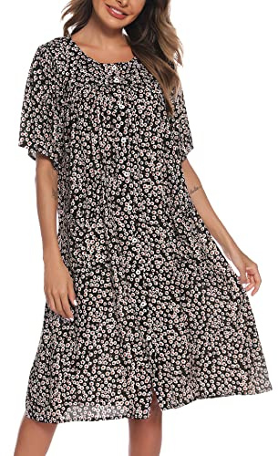COSUNIONY House Dresses for Women Cotton Short Sleeve House Coat Buttons Down Dusters Robe with Pockets S-XXL