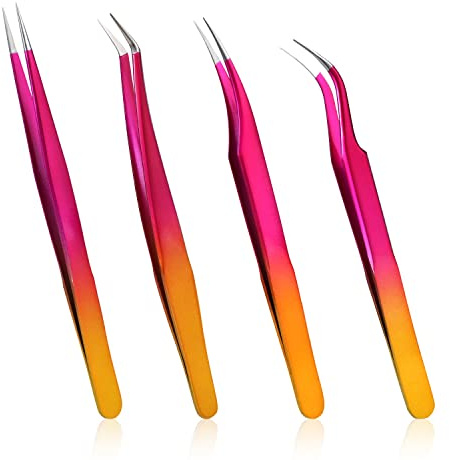 4-Stück Wimpernpinzetten Gebogen, Edelstahl Lash Tweezers Vier Stile Wimpernpinzette zur Volumenisolierung Klassische Wimpern Verschmierte Falsche Nägel (Farbverlauf)