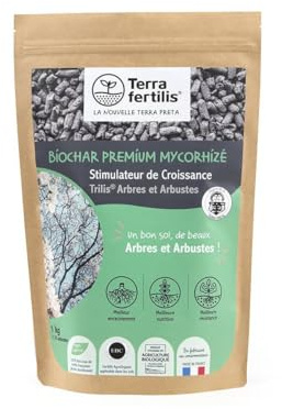 Terra Fertilis - Fertilisant pour Arbres & Arbustes - à base de Biochar Mycorhizé - Améliore la croissance et la résistance des plantes - Retient l'eau et les nutriments - Sac 1kg