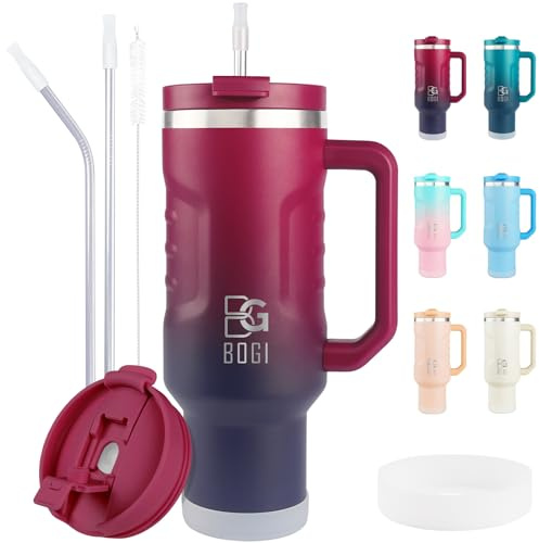 BOGI Becher mit Griff und Strohhalm, 2-in-1-Deckel, Edelstahlbecher mit Deckel und Strohhalm, auslaufsicher, isoliert, wiederverwendbar, Reise-Kaffeebecher, Becherhalter
