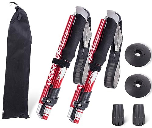 ThreeH 2 Pack Bastones Trekking Ligeros Bastones Aleación Aluminio con Sistema Bloqueo Rápido Bastones Camping para Hombres Mujeres Mayores Rojo