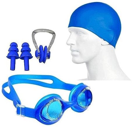 Kit de gafas de natación antiniebla, gorra, tapones para los oídos y tapones para la nariz, ideal para todos los grupos de edad | Silicona antideslizante (Kit)