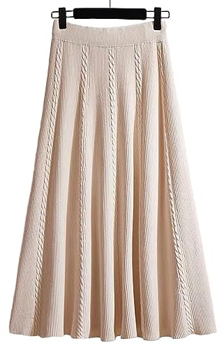 Tainrunse Grande jupe trapèze taille haute pour femmes, tricotée, ligne a, Midi élastique, couleur unie, longue et chaude pour l'automne Beige Taille unique