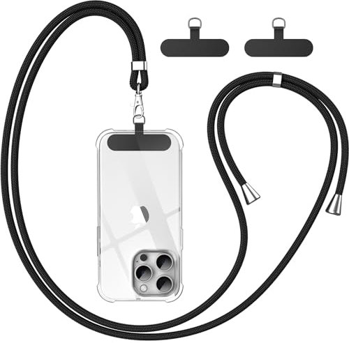 caslord Cordino per Cellulare*1, Patch Universali*2, Adatto a Tutti Gli Smartphone, Cinturino per Cellulare Abbinabile a Qualsiasi Custodia, Regolabile e Rimovibile - Nero