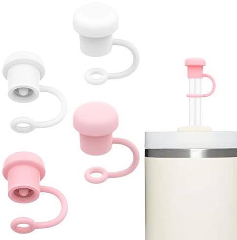 LIXINS Straw Cover for Stanley Cup Accessories, 4 Pcs Reusable Silicone Toppers, Spill Proof Dust Resistant 10mm Diameter (Pink&White)