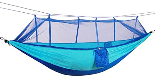 MaGiLL Tragbare Outdoor-Camping-Hängematte für 1–2 Personen mit Moskitonetz, hochfester Fallschirmstoff, Hängebett, Schlafschaukel (Farbe: Grau) (Blau)