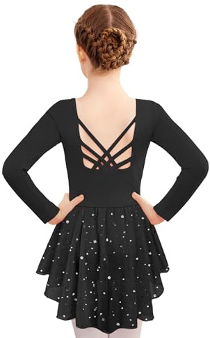 Zaclotre Girls Long Sleeve Ballet Leotards with Shiny Skirts Crisscross Back Dance Dress Outfits Black 6-7Years