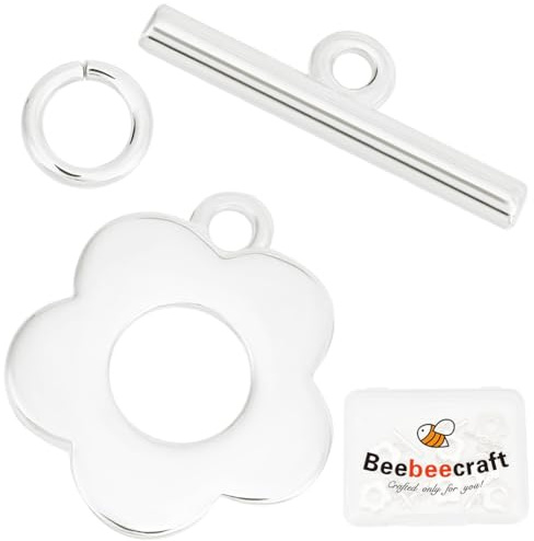 Beebeecraft 1 Caja 10 Piezas Cierres de Palanca para Pulsera 925 Cierres de Barra En T con Flores Chapadas En Plata de Ley Anillos Hallazgos de Joyería Cierres de Palanca Agujero de 1.2 mm para