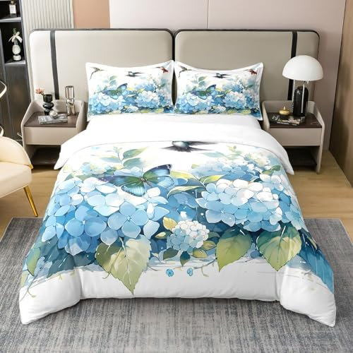 100% Bio-Baumwolle Hortensia Tröster Abdeckung,Blau Ombre Schmetterling Bettwäsche Set,Kolibri Bettbezug,Frühling Garten Rustikale Natur Bettwäsche für Kinder Mädchen,Schlafzimmer Dekor 200x200