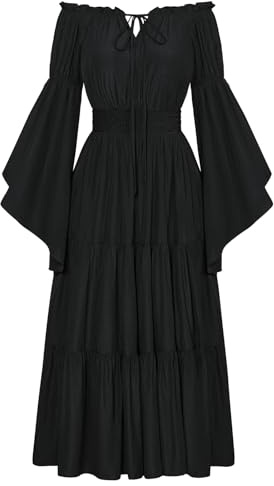 Damen Renaissance Corsagenkleid Schulterfrei mit Tasche Flowy Swing Ballkleid Schwarz M