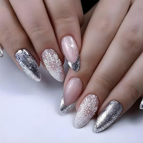 NICENEEDED 24 faux Ongles Moyen en Amande Presse de Noël Sur les Ongles Faux Ongles à Paillettes Argentées Pointes Françaises à Coller Sur les Ongles
