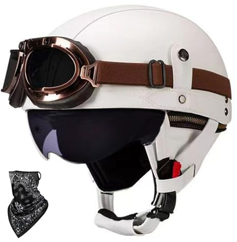 Beyswage DOT/ECE Zulassung Leder Halbschalenhelm, Retro Motorrad Halbhelm mit Brille, Schnellverschluss Schnalle, Erwachsene Halbschale Jet-Helm, Cruiser, Scooter Helm Vintage(55~62CM)