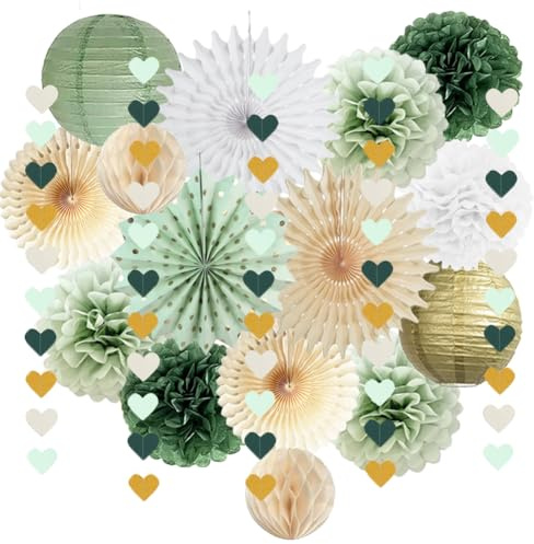 Festdekoration salviagrön olivgrön vit guld födelsedag dekoration grönt guld silkespapper pom poms dekoration papperslykta för babyparty brudfest bröllop fest