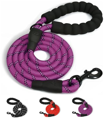 Rope Dog Lead With Comfortable Padded Handle and Highly Reflective Threads, Durable Sturdy Dog Lead For Medium Large Dogs (Purple, 200 x 1.2 cm)