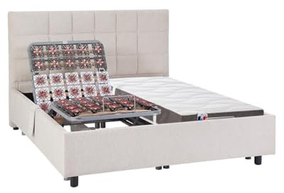 Vente-unique-Dekoratives Bett mit elektrischer Relaxfunktion mit Tellern + 3-Zonen-Matratze aus 100% Latex - 2 x 90 x 200 cm - Stoff - Beige - JOFAR von YSMÉE