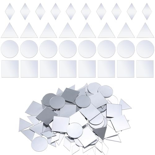 Yuanchu 120 piccoli specchi per artigianato, 4 forme, mini specchi per artigianato, autoadesivi, fai da te, mosaico, piastrelle triangolari, quadrate, rotonde, rombobu, diamanti artigianali, per casa,