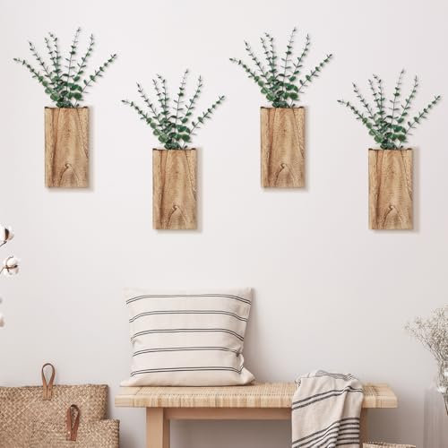 Marsui Confezione da 4 vasi da parete in legno con eucalipto artificiale, decorazione moderna da appendere alla parete, vasi tascabili in legno per interni, piante finte, fiori, verde, decorazione per