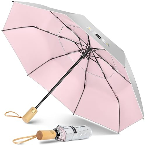 ZOMAKE Parasol Anti Uv,Paraguas Plegable AutomáTico De Sol con Ventilado Doble Cubierta,Paraguas Compacto Con Mango De Madera Para Hombre Mujer(Plateado Rosa)