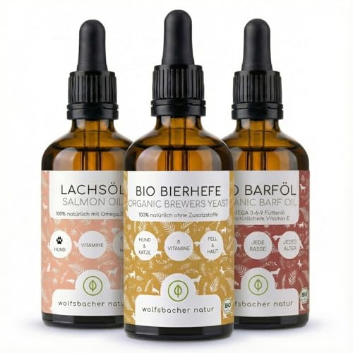 Futteröl Set für Hunde und Katzen | 3 x 100ml | Bio Barf-Öl, Lachsöl, Bio Bierhefe