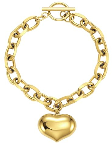 Emibele Bracelet en Forme de Cœur, Bracelet en Acier Inoxydable Exquis, Pendentif de Poignet avec Fermeture à Boucle de OT, Bijoux Bracelet Gravé, Chaîne de Poignet pour Femmes Filles