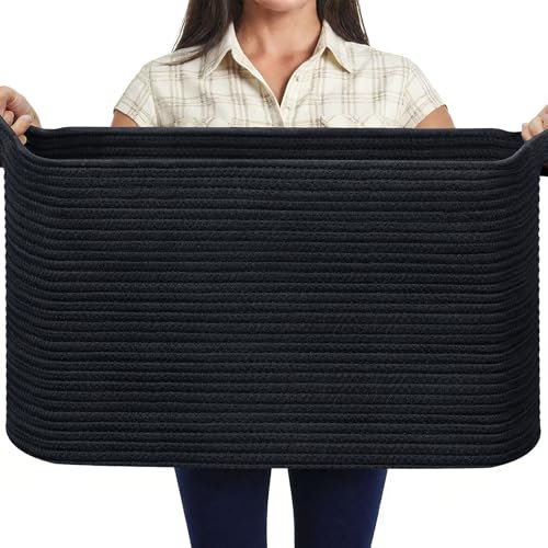 MOLMO Large Woven Storage Basket, 65L Laundry Hamper for Washing, Cotton Rope Bin for Dirty Clothes, Toy Organizer for Kids, Blanket Basket for Living Room(Black)