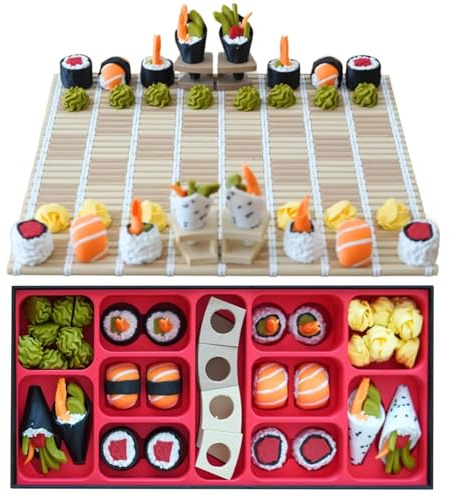 Das Sushi-Themen-Schachspiel, 3D-gedruckte Sushi-Roller-Schachfiguren | Einzigartiges japanisches Food-Familien-Strategiespiel, mit Rollbrettmatte und Bento-Aufbewahrungsbox, verpackt